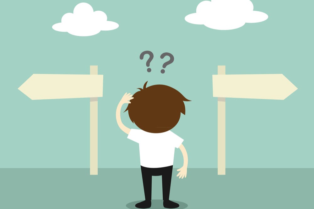 cartoon man must make a decision
