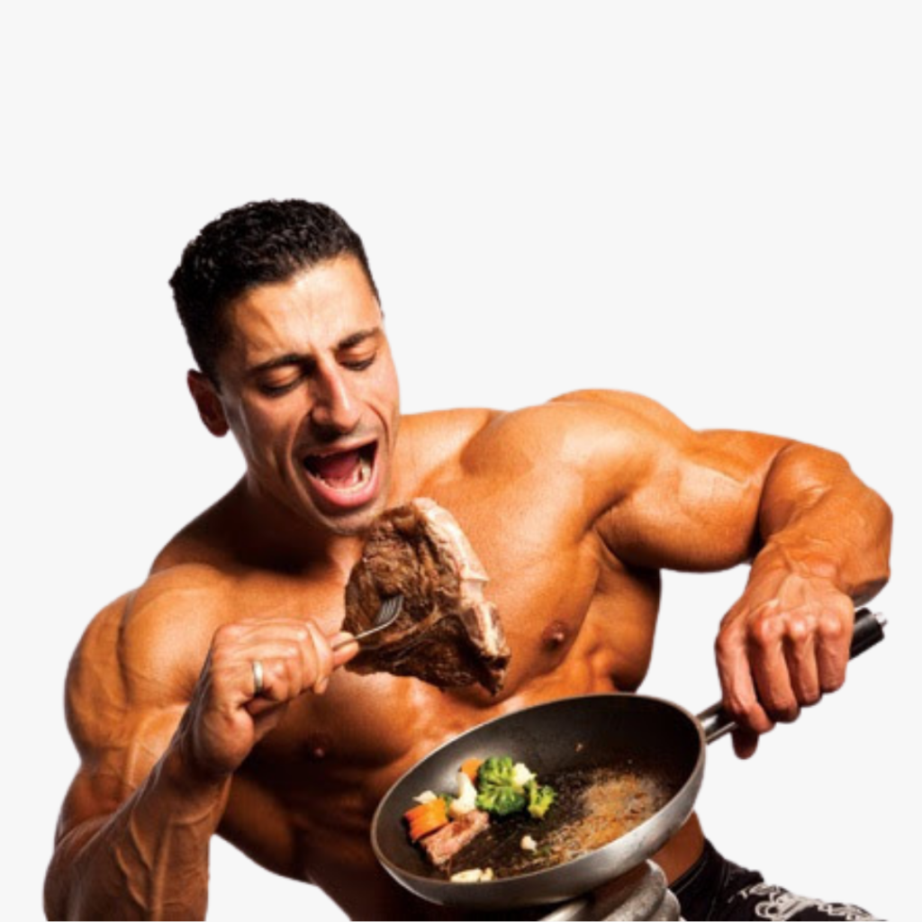 bodybuilder eating steak